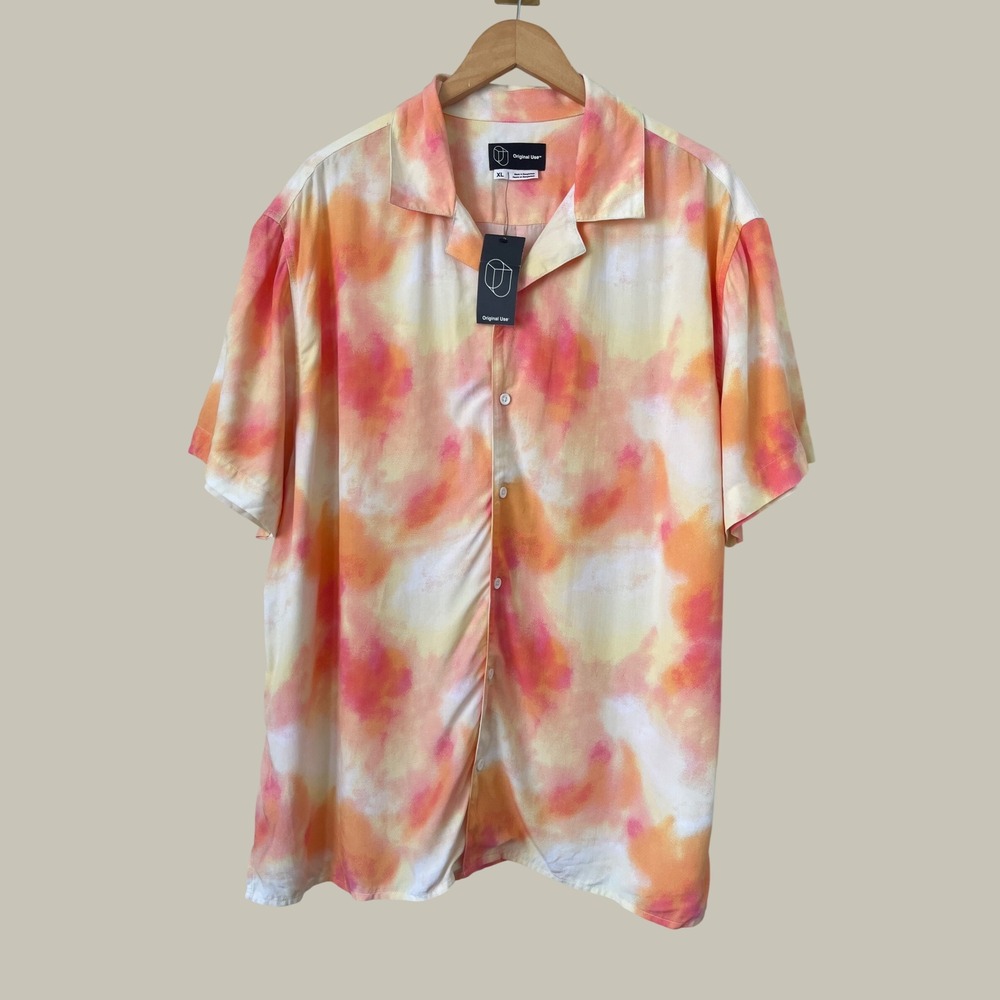 Original Use Mens XL Short Sleeve Button Down Shirt Orange Pink Tie Dye Rayon